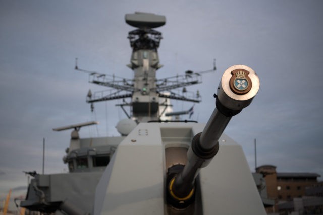 LONDON, ENGLAND - MARCH 07: The gun of HMS St Albans is pictured as the ship is moored in