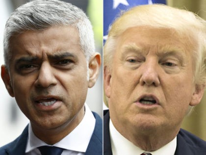 This combination of files pictures created on June 5, 2017 shows Mayor of London Sadiq Khan after visiting Borough High Street in London on June 5, 2017, the site of the June 3 terror attack, near to Borough Market and US President Donald Trump during his meeting with the Israeli …