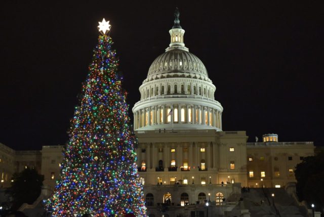 TOPSHOT - The Capitol Christmas tree is lit during a ceremony on the West Front of the US Capitol in Washington, DC on December 6, 2017. The Engelmann Spruce from the Kootenai National Forest in Montana will be lit from nightfall to 11 p.m. through January 1, 2018. / AFP …