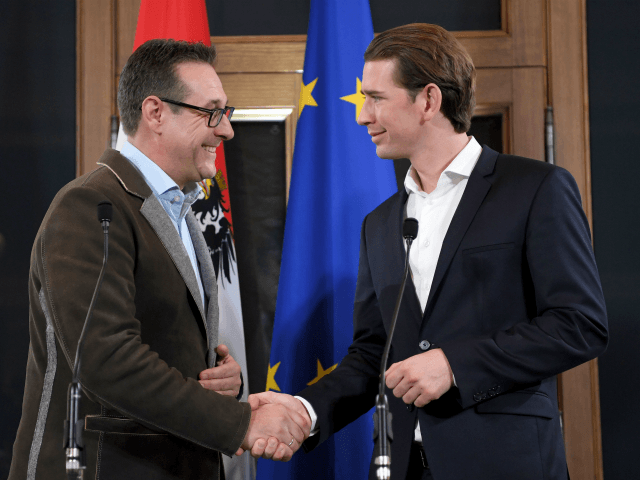 Leader of Austria's conservative People's Party (OeVP), Sebastian Kurz shakes hands with Chairman of the Freedom Party (FPOe), Heinz-Christian Strache after a joint press conference in Vienna, Austria on December 15, 2017. Austria's conservatives and the far-right announced on december 15, 2017 that they have agreed to form a coalition, …