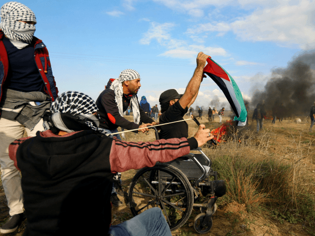 A picture taken on December 15, 2017 shows wheelchair-bound Palestinian demonstrator Ibrah
