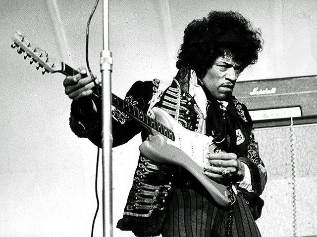 American singer and guitarist Jimi Hendrix performs on stage on May 24, 1967 at Grona Lund