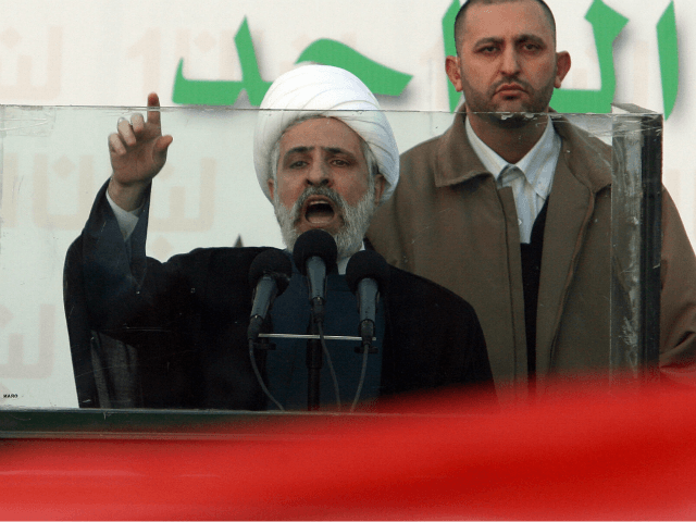 Beirut, LEBANON: Hezbollah second in command Naim Qassem addresses supporters outside the
