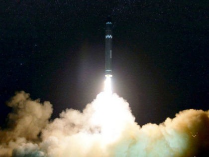 Photo released by North Korea's official Korean Central News Agency (KCNA) shows launching of the Hwasong-15 missile, capable of reaching all parts of the U.S.