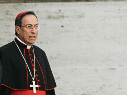 VATICAN CITY, VATICAN CITY STATE: Cardinal Oscar Andres Rodriguez Maradiaga of Honduras leaves the Paul VI hall at the end of the General Congregation assembly of the Cardinals at the Vatican, 14 April 2005. Cardinals start their conclave in the frescoed Sistine Chapel on April 18 and will vote twice …