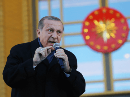 Turkish President Tayyip Erdogan gives a referendum victory speech to his supporters at th