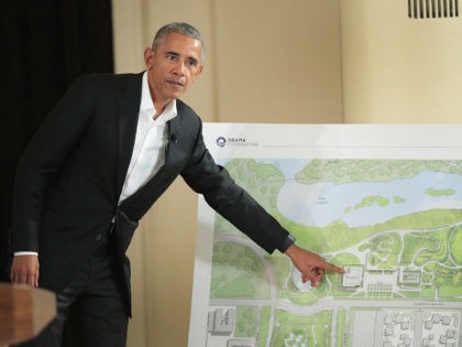 CHICAGO, IL - MAY 03: Former President Barack Obama points out features of the proposed Obama Presidential Center, which is scheduled to be built in nearby Jackson Park, during a gathering at the South Shore Cultural Center on May 3, 2017 in Chicago, Illinois. The Presidential Center design envisions three …