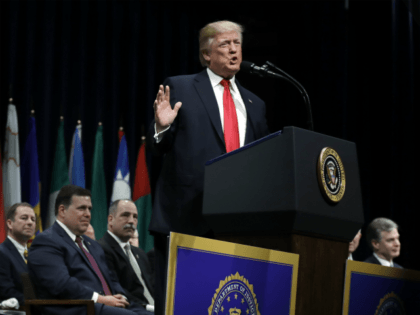 President Donald Trump speaks during the FBI National Academy graduation ceremony, Friday,