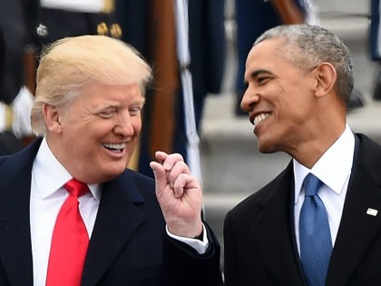 US President Donald Trump and former President Barack Obama talk on the East steps of the US Capitol after inauguration ceremonies on January 20, 2017, in Washington, DC. / AFP / Robyn BECK (Photo credit should read ROBYN BECK/AFP/Getty Images)