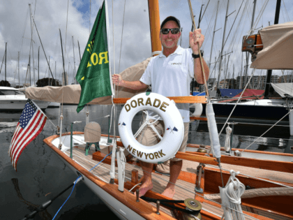 The skipper of US racing yacht 'Dorade', Kevin Milllar, speaks to the media at the officia