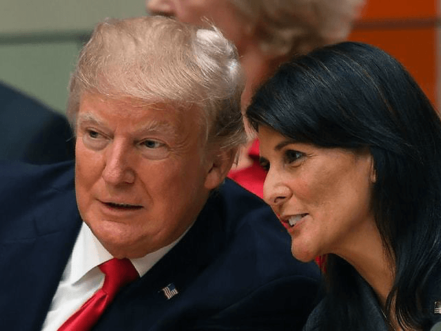 US President Donald Trump and US ambassador to the United Nations Nikki Haley speak at UN