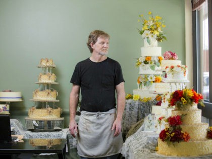 LAKEWOOD, CO - SEPT 1: Jack Phillips stands for a portrait near a display of wedding cakes in his Masterpiece Cakeshop in Lakewood, CO on Thursday, September 1, 2016. Jack Phillips is owner of Masterpiece Cakeshop in Lakewood, Colo., and has a case before the Supreme Court. He is one …