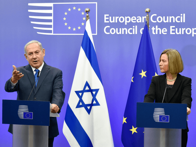 BELGIUM-EU-ISRAEL-DIPLOMACY Israel's Prime Minister Benjamin Netanyahu speaks as EU foreig