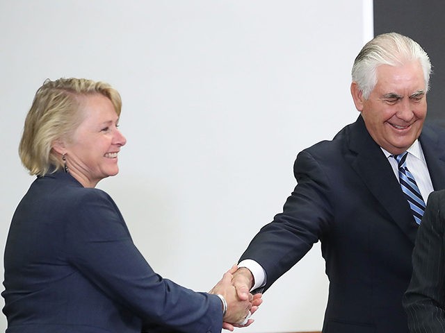 susan-thornton-rex-tillerson-getty WASHINGTON, DC - AUGUST 17: Secretary of State Rex Tillerson shakes hands with Susan Thorn