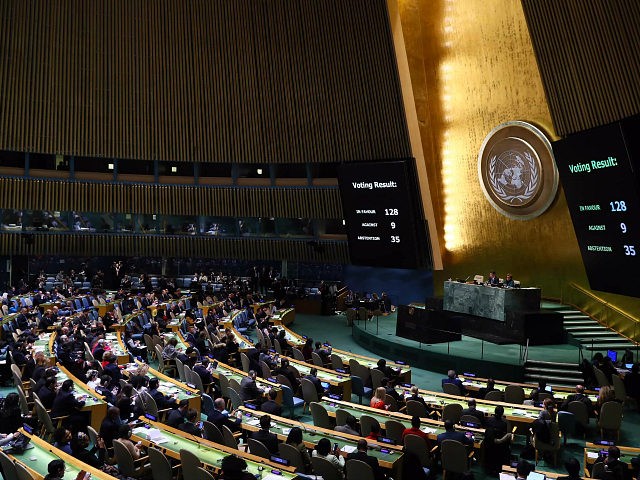 NEW YORK, USA - DECEMBER 21: The voting results are displayed on a screen during the emergency special session over Jerusalem held by UN General Assembly in New York, United States on December 21, 2017. Members has voted 128-9 to declare the United States' recognition of Jerusalem as Israel's capital …