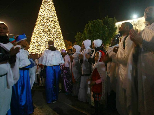 Orthodox Eritrean worshippers celebrate at Manger Square outside the Church of the Nativit