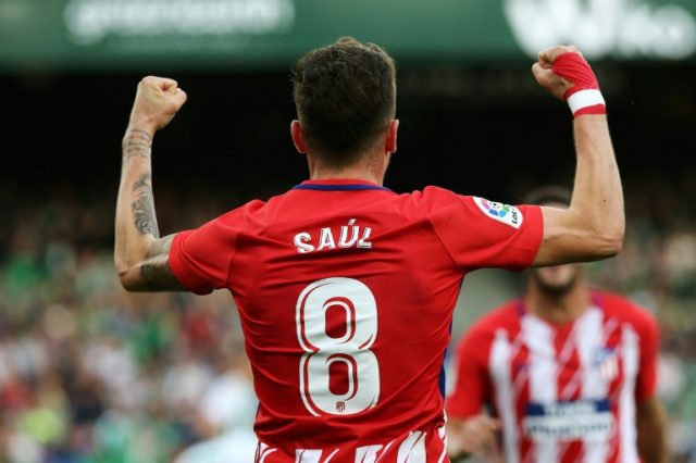 Atletico Madrid's midfielder Saul Niguez celebrates after scoring a goal during the Spanis