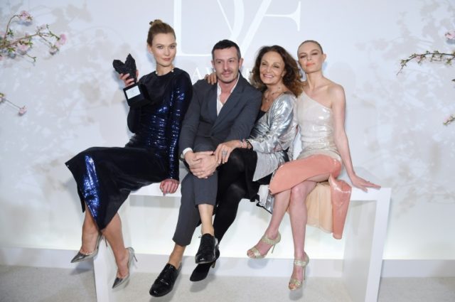 Jonathan Saunders -- shown with (L-R) model Karlie Kloss, Diane von Furstenberg and actres