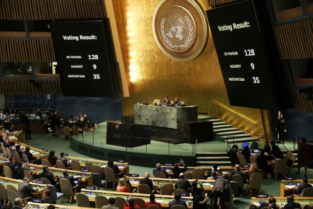 The voting results are displayed on the floor of the United Nations General Assembly in wh