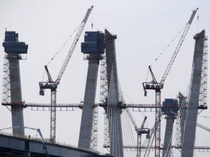 FILE - In this Nov. 2, 2016, file photo, construction on the new Tappan Zee Bridge rises a