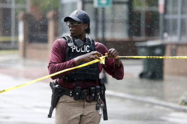Charleston, S.C. Police Department blocks the street during an active hostage situation in