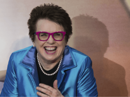 former tennis player Billie Jean King pose for photographers upon arrival at the premiere of the film 'Battle of the Sexes' during the London Film Festival in London, Saturday, Oct. 7, 2017. (Photo by Vianney Le Caer/Invision/AP)
