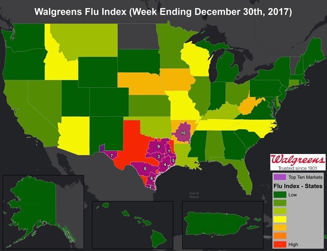 Walgreens Flu Index Report for week ending 12-30-2017.