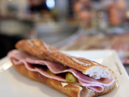 A picture taken on March 4, 2015 in Paris shows a ham sandwich on the zinc counter of a ba