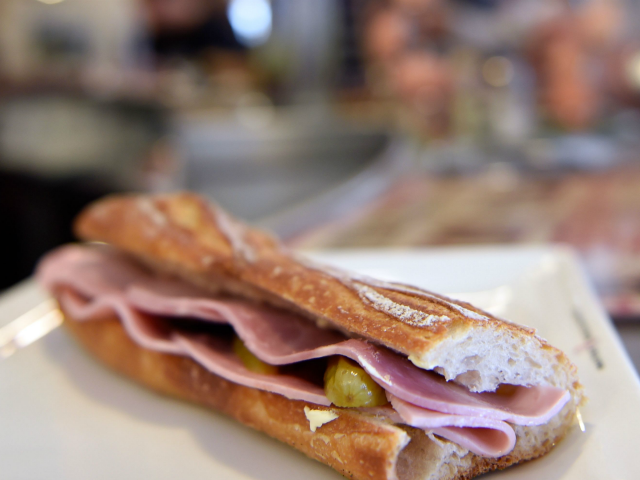 A picture taken on March 4, 2015 in Paris shows a ham sandwich on the zinc counter of a bar. The price of the 'Jambon-Beurre' sandwich (ham and butter), eaten a billion times in France in 2014, continued to rise but slower than others catering products, according to a price …