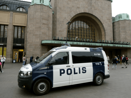 Finnish police patrols in front of the Cenral Railway Station in Helsinki on August 18, 2017. Finnish Police announced they will rise the readiness after stabbings in Turku. / AFP PHOTO / Lehtikuva / Linda Manner / Finland OUT (Photo credit should read LINDA MANNER/AFP/Getty Images)