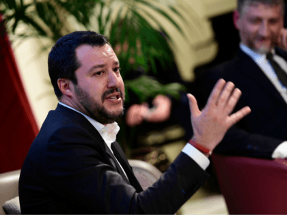 Italian leader of the Lega Nord political party and member of the European Parliament Matteo Salvini talks to the audience during a meeting called 'Salvini incontra la city' (Salvini meets the city) on January 22, 2018 in Milan. / AFP PHOTO / MIGUEL MEDINA (Photo credit should read MIGUEL MEDINA/AFP/Getty …