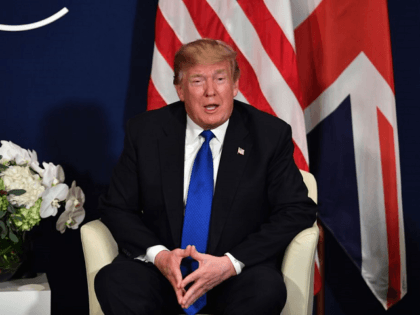 US President Donald Trump speaks during a bilateral meeting with Britain's Prime Minister on the sidelines of the World Economic Forum (WEF) annual meeting in Davos, eastern Switzerland, on January 25, 2018. / AFP PHOTO / Nicholas Kamm (Photo credit should read NICHOLAS KAMM/AFP/Getty Images)