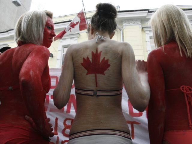 Female animal-rights activists in bikinis with their bodies painted red, white and red to