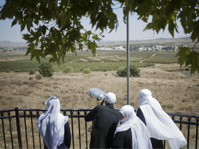 A Druze family, celebrating the Eid al-Adha holiday, look towards Syria's Quneitra provinc