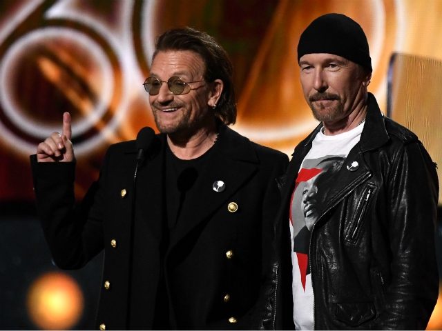 Bono and The Edge from U2 stand on stage during the 60th Annual Grammy Awards show on Janu