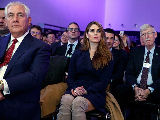 White House Communications Director Hope Hicks, center, and Secretary of State Rex Tillers