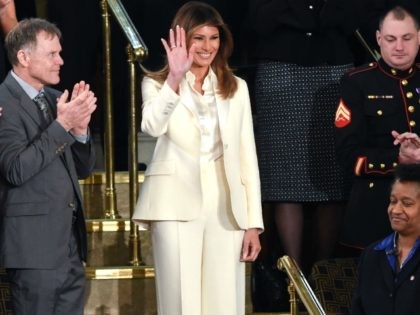 US First Lady Melania Trump waves as she arrives for the State of the Union address at the US Capitol in Washington, DC, on January 30, 2018. / AFP PHOTO / SAUL LOEB (Photo credit should read SAUL LOEB/AFP/Getty Images)