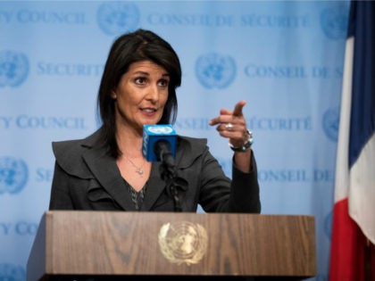 U.S. ambassador to the United Nations Nikki Haley speaks during a brief press availability at United Nations headquarters, January 2, 2018 in New York City. She discussed protests in Iran and the North Korea nuclear threat. (Photo by Drew Angerer/Getty Images)