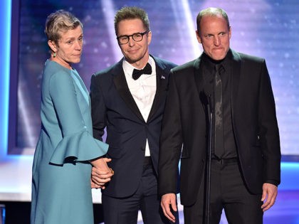 Frances McDormand, from left, Sam Rockwell and Woody Harrelson, nominees for outstanding performance by a cast in a motion picture for "Three Billboards Outside Ebbing, Missouri," introduce a clip from their film at the 24th annual Screen Actors Guild Awards at the Shrine Auditorium & Expo Hall on Sunday, Jan. …