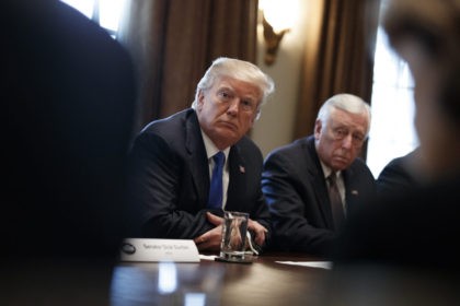 President Donald Trump listens during a meeting with lawmakers on immigration policy in th