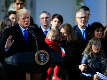 President Donald Trump speaks to anti-abortion supporters and participants of the annual M
