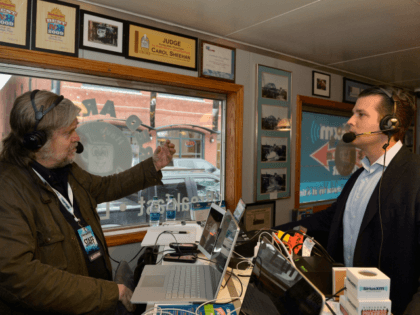 MANCHESTER, NH - FEBRUARY 08: Breitbart News Daily Stephen K. Bannon interviews Donald Trump, Jr. for SiriusXM Broadcasts' New Hampshire Primary Coverage Live From Iconic Red Arrow Diner on February 8, 2016 in Manchester, New Hampshire. (Photo by Paul Marotta/Getty Images for SiriusXM)