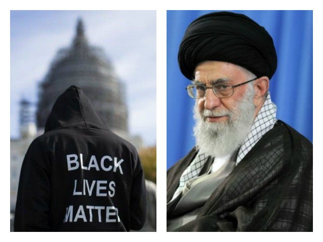 Collage of Iran’s Supreme Leader Ayatollah Ali Khamenei and Black Lives Matter sweatshirt.