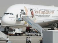 emirates A picture shows an Airbus A380 of Emirates bearing the portrait of late UAE's founder and late president Sheikh Zayed bin Sultan al-Nahayan during the Dubai Airshow on November 12, 2017, in the United Arab Emirates. / AFP PHOTO / KARIM SAHIB (Photo credit should read KARIM SAHIB/AFP/Getty Images)
