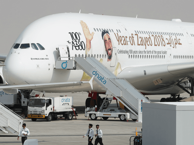 A picture shows an Airbus A380 of Emirates bearing the portrait of late UAE's founder and