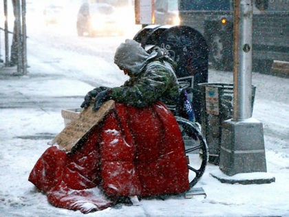 NEW YORK, NY - JANUARY 4: A Homeless man pictured during the 'Bomb Cyclone' storm in New Y
