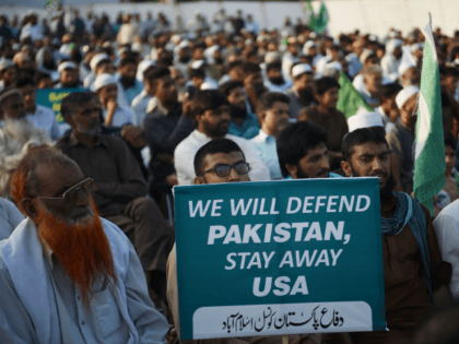 Supporters of the Pakistan Defense Council, an alliance of hardline Islamist religious leaders and politicians, gather during an anti-U.S protest in Islamabad on August 27, 2017. Pakistan's political, religious and military leaders have rejected President Donald Trump's allegation that Islamabad is harboring militants who battle U.S. forces in Afghanistan. / …