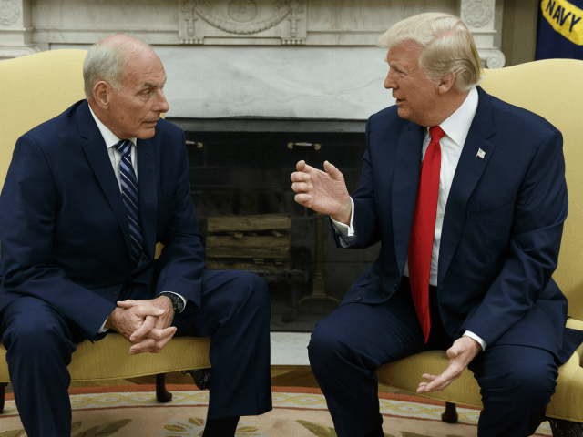 In this July 31, 2017 photo, President Donald Trump talks with new White House Chief of Staff John Kelly after he was privately sworn in during a ceremony in the Oval Office with President Donald Trump in Washington. After a summer of staff shake-ups and self-made crises, President Trump is …