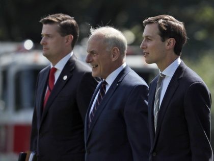 From left, White House Staff Secretary Rob Porter, White House Chief of Staff John Kelly, and White House senior adviser Jared Kushner walk to Marine One on the South Lawn of the White House in Washington, Friday, Aug. 4, 2017. President Donald Trump is en route to Bedminster, N.J., for …