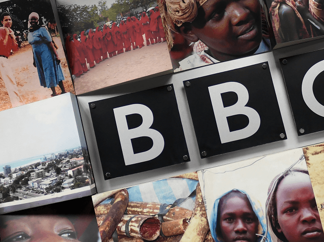 A logo of the British Broadcasting Corporation (BBC), the British public service broadcaster, is pictured at the East African Bureau on February 1, 2018 office in Nairobi. BBC launched on January 29, 2018, new daily radio services producing news, current affairs, features and English language training for Ethiopians and Eritreans. …